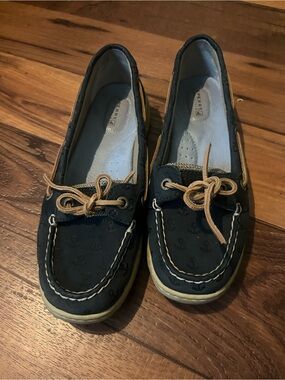 Sperry Navy Anchor-Print Boat Shoes with Tan Laces - Women